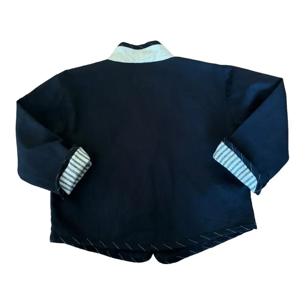 Vintage A La Mode patchwork  jacket black cream frog toggle made USA size large